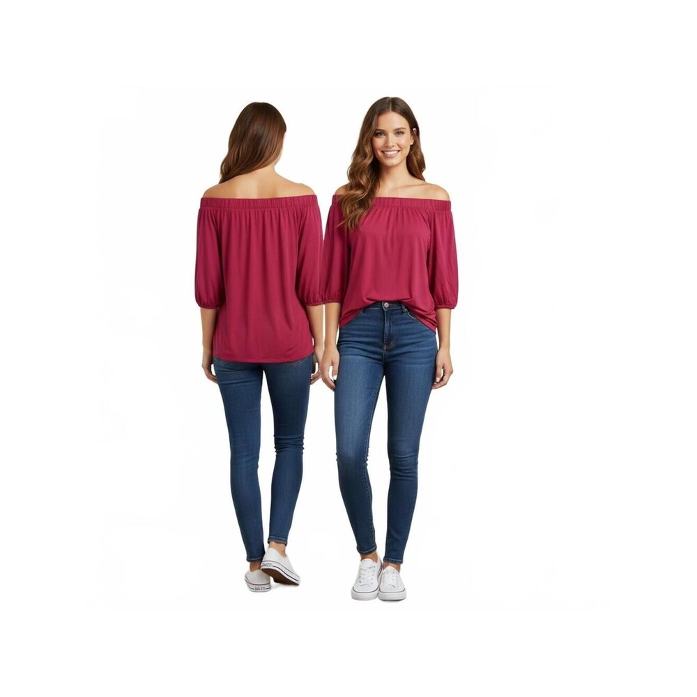 Off Shoulder Top Blouse 3/4 Sleeve Casual Comfy Pullover Red